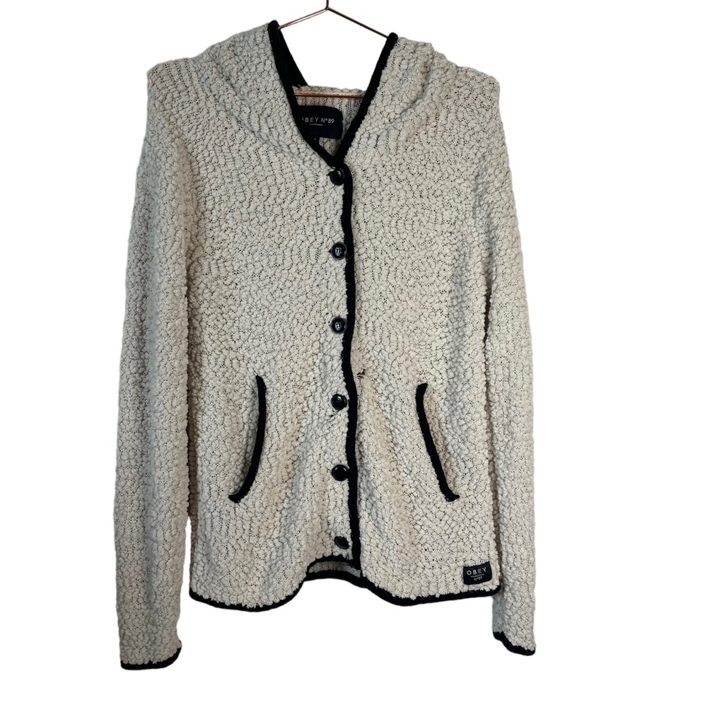 Obey No89 Propaganda White Ivory Cardigan Sweater Black Trim Front Pocke…